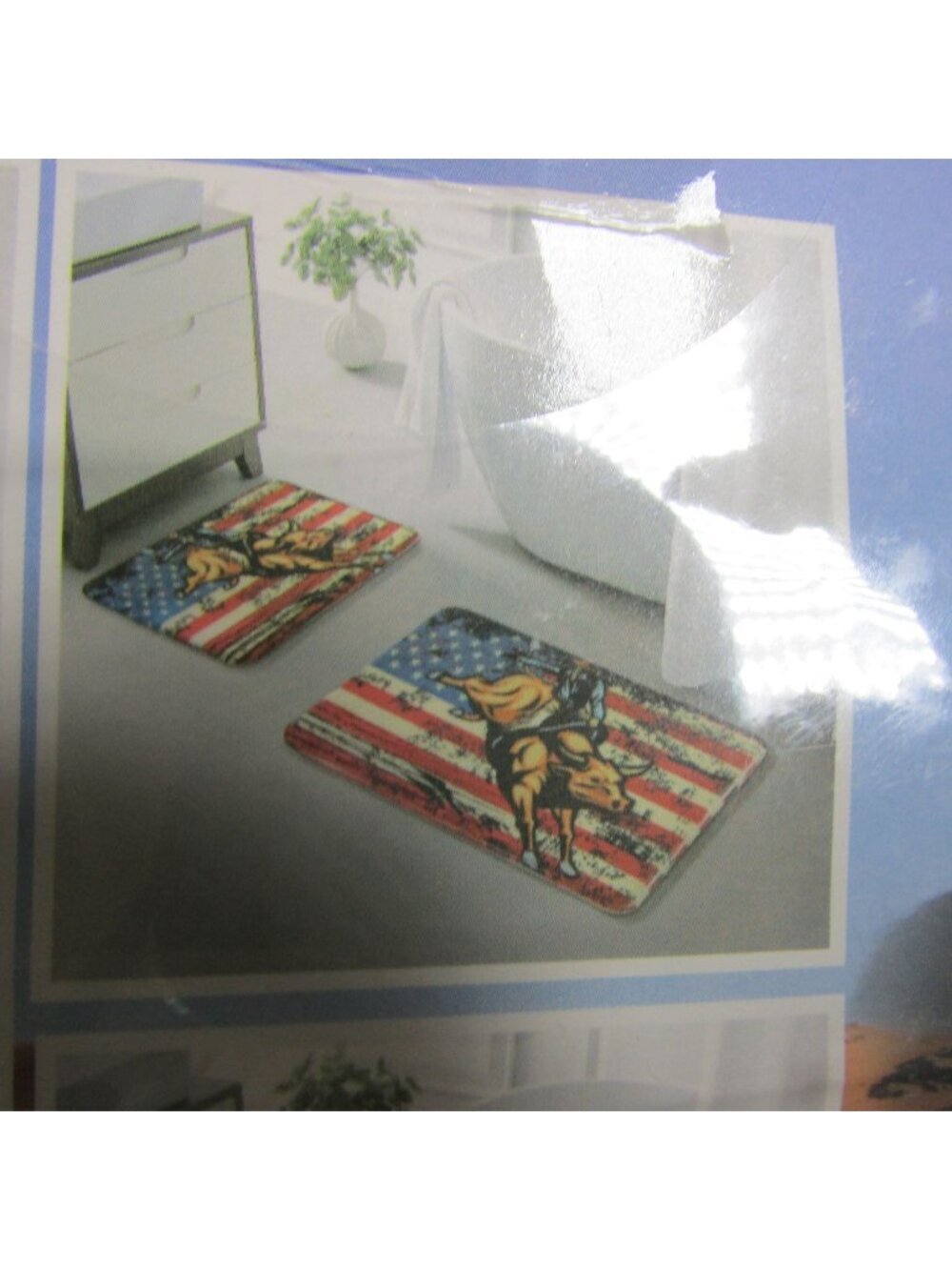 2 Pc Patriotic Bull Riding American Flag Western Print Bath Rug Set